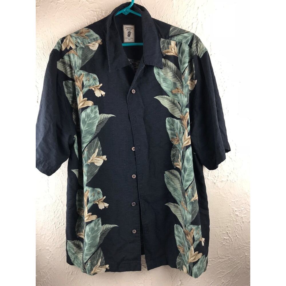 Jamaica Jaxx Black Silk Flowers Hawaiian Leaves Summer Beach Large Shirt‎ Large